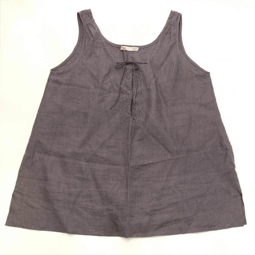 EILEEN FISHER Tank Top Irish Linen Beaded Sleeveless Womens XL Gray Tie Front